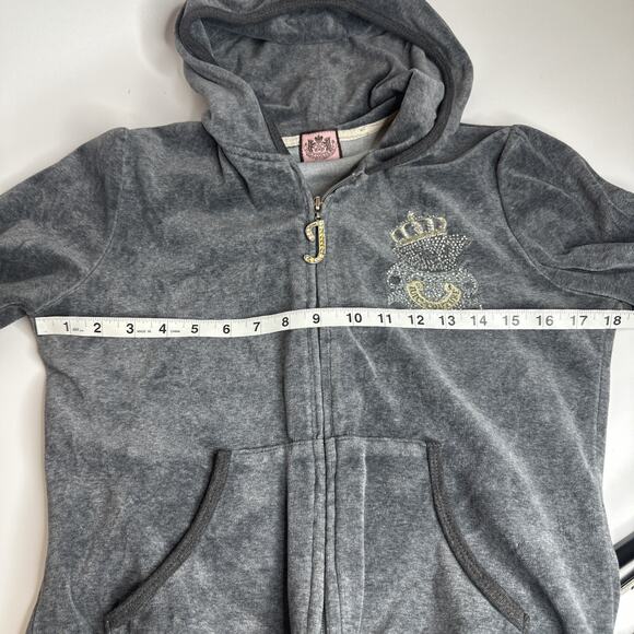 Juicy Couture VTG y2k Grey Embroidered Velour Hoodie Jacket Bear Crown RARE USA - Picture 3 of 11